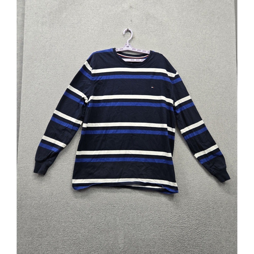 Tommy Hilfiger Men Shirt XL Navy Striped Logo Embroidered Long Sleeve Crew Neck